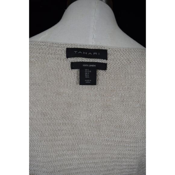 Tahari Linen Beige Pullover Sweater Scoop Neck Textured Stripes Hip Length Sz L - Picture 6 of 9